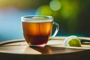un' tazza di tè con lime su un' di legno tavolo. ai-generato foto