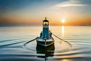 un' barca con un' faro nel il acqua a tramonto. ai-generato foto