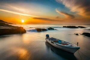 foto sfondo il cielo, mare, acqua, rocce, barca, tramonto, il oceano, il. ai-generato