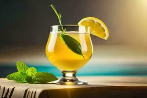 un' bicchiere di limonata con menta le foglie su il tavolo. ai-generato foto