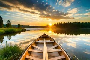 un' canoa è attraccato su il riva di un' lago a tramonto. ai-generato foto