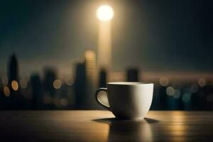 un' caffè tazza si siede su un' tavolo nel davanti di un' paesaggio urbano. ai-generato foto