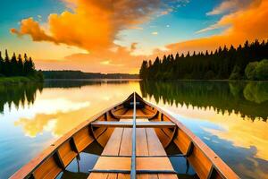 un' canoa è galleggiante su il calma acque di un' lago. ai-generato foto