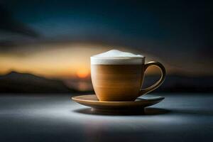 il caffè tazza è su un' piattino con un' Visualizza di il tramonto. ai-generato foto