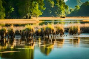 un' fiume con alto erbe e alberi nel il acqua. ai-generato foto