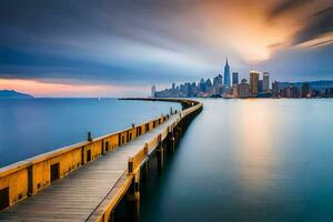 un' lungo esposizione fotografia di un' molo nel davanti di un' città orizzonte. ai-generato foto