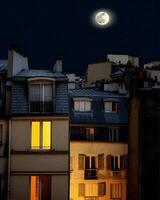 notturno Parigi illuminato dalla luna paesaggio urbano sotto un' stellato cielo generativo ai foto