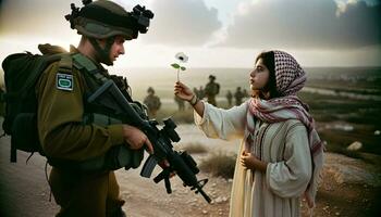 palestinese donna offerta pace fiore per israeliano soldato. generativo ai. foto