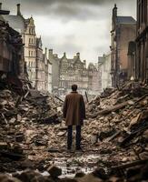 resilienza in mezzo caos elegante uomo a piedi attraverso wwii bombardato città macerie generativo ai foto