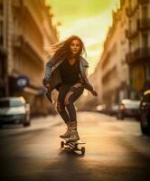 giovane donna andare con lo skateboard su il strade di Parigi, generativo ai foto