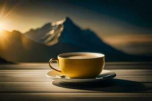 caffè tazza su il tavolo con montagne nel il sfondo. ai-generato foto