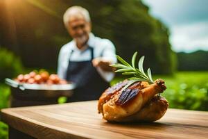 un' uomo è Tenere un' pollo su un' di legno tavolo. ai-generato foto