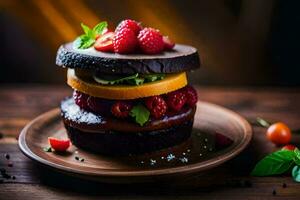 un' cioccolato hamburger con frutti di bosco e fragole. ai-generato foto