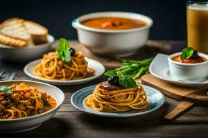 spaghetti e Polpette su un' di legno tavolo. ai-generato foto