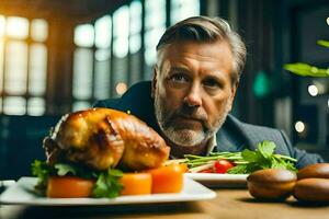 un' uomo con un' barba e un' completo da uomo è guardare a un' piatto di cibo. ai-generato foto