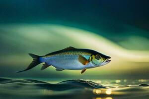 un' pesce è nuoto nel il oceano a notte. ai-generato foto