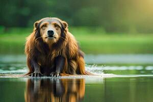 un' cane seduta su il bordo di un' lago. ai-generato foto