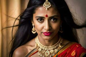un' bellissimo indiano donna indossare gioielleria e un' rosso sari. ai-generato foto