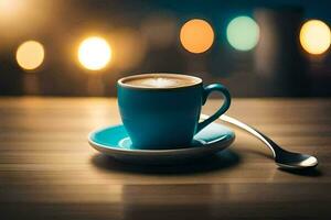 un' tazza di caffè su un' di legno tavolo con un' cucchiaio e un' leggero sfondo. ai-generato foto