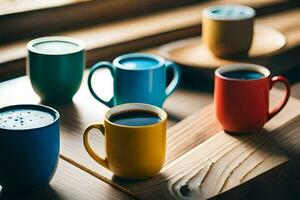 un' gruppo di colorato caffè tazze su un' tavolo. ai-generato foto