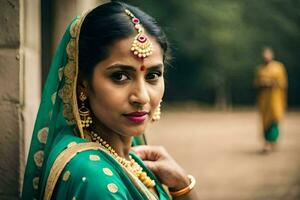 un' donna nel un' verde sari con oro gioielleria. ai-generato foto