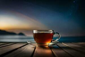 un' tazza di tè su un' di legno tavolo nel davanti di il mare. ai-generato foto