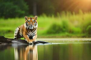 un' tigre è in piedi su il bordo di un' fiume. ai-generato foto