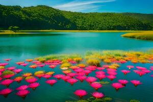 rosa loto fiori nel un' lago circondato di montagne. ai-generato foto