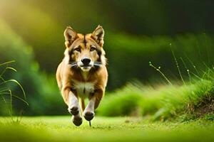 un' cane in esecuzione attraverso un' campo. ai-generato foto