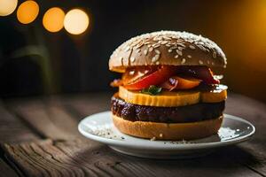 un' Hamburger con carne e verdure su un' piatto. ai-generato foto