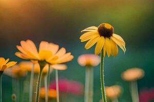 giallo fiori nel un' campo con un' tramonto nel il sfondo. ai-generato foto