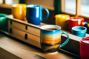 colorato caffè tazze su un' ripiano. ai-generato foto