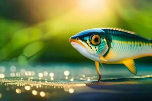 un' pesce è in piedi su il terra con un' verde sfondo. ai-generato foto