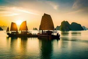 halong baia, Vietnam, tramonto, Barche, tramonto, Vietnam, hal. ai-generato foto