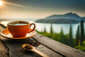 un' tazza di caffè su un' di legno tavolo con un' Visualizza di il montagne. ai-generato foto