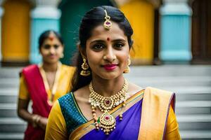 un' donna nel un' colorato sari e gioielleria. ai-generato foto