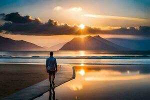 un' uomo a piedi su un' spiaggia a tramonto. ai-generato foto