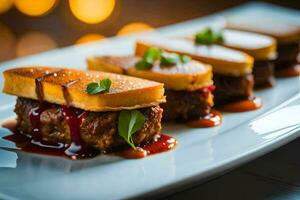 un' piatto di cibo con carne e salsa. ai-generato foto