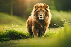 un' Leone a piedi attraverso un' erboso campo. ai-generato foto