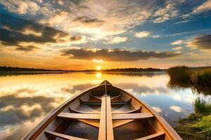 il barca è su il acqua a tramonto. ai-generato foto