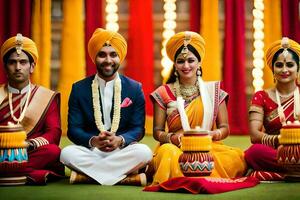 un' coppia e loro amici nel tradizionale indiano abbigliamento. ai-generato foto