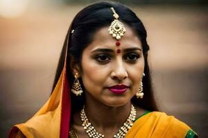 un' donna nel un' sari con oro gioielleria. ai-generato foto
