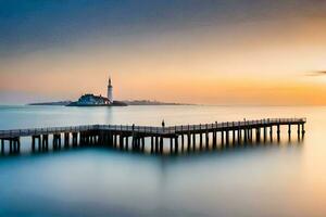 un' lungo esposizione fotografia di un' molo a tramonto. ai-generato foto