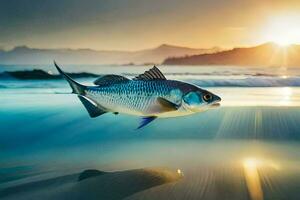 un' pesce è nuoto nel il oceano a tramonto. ai-generato foto