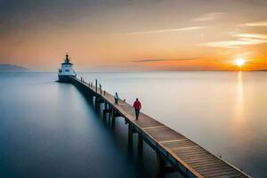 un' uomo e donna camminare lungo un' molo a tramonto. ai-generato foto