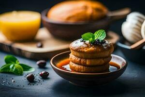 un' piatto di cibo con un' Pasticcino e cannella. ai-generato foto