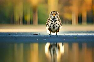 un' uccello è in piedi su il terra vicino acqua. ai-generato foto