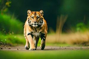 un' tigre a piedi su un' sentiero nel il foresta. ai-generato foto