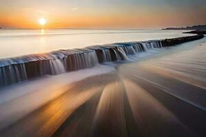 un' lungo esposizione fotografia di un' cascata fluente in il oceano. ai-generato foto