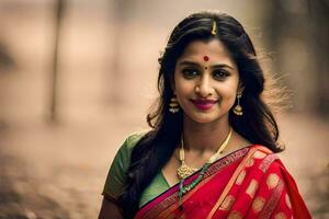 un' bellissimo donna nel un' rosso sari. ai-generato foto